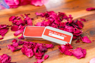 An open tin of homemade rose lip butter on scattered rose petals