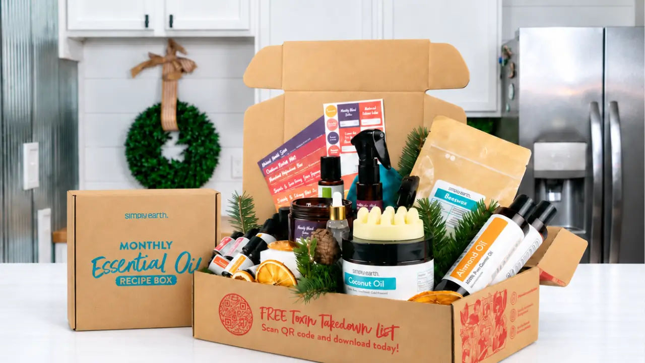 October&rsquo;s Recipe Box opened on a kitchen counter with its oils, recipe cards and Big Bonus Box supplies, beside a closed Recipe Box