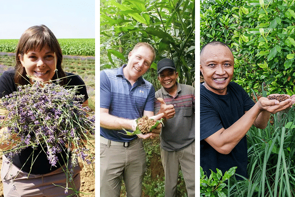 Growers on the farms we buy from, holding an armful of cut lavender, a freshly dug root and a handful of seeds
