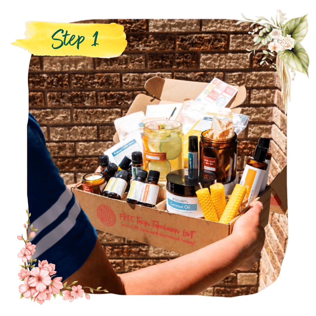 Step 1 &mdash; hands holding an open Recipe Box packed with oil bottles, labelled jars and recipe cards