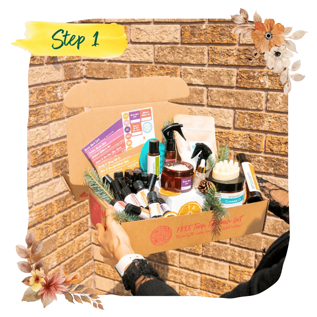 Step 1 &mdash; hands holding an open Recipe Box packed with oil bottles, labelled jars and recipe cards