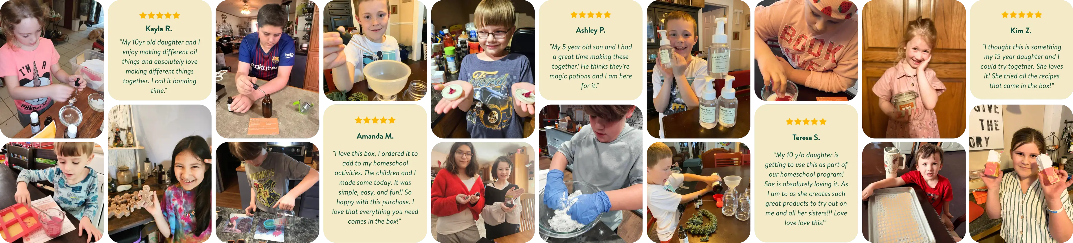 Homeschool kids making soap, lotion and lab recipes, with five-star reviews from Kayla R., Ashley P., Amanda M., Teresa S. and Kim Z.