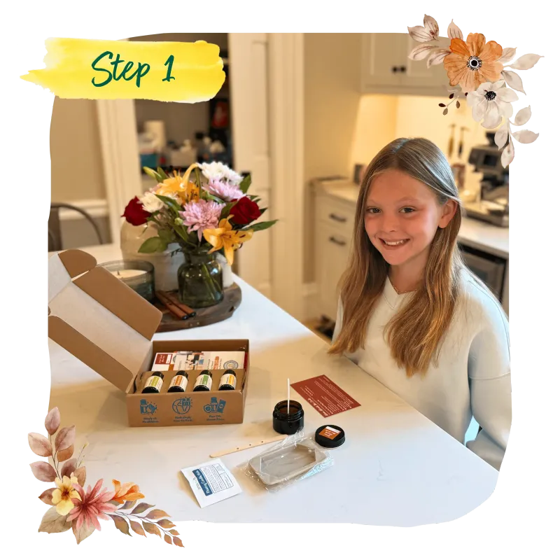 Step 1: a smiling girl at the kitchen counter with her Recipe Box just opened
