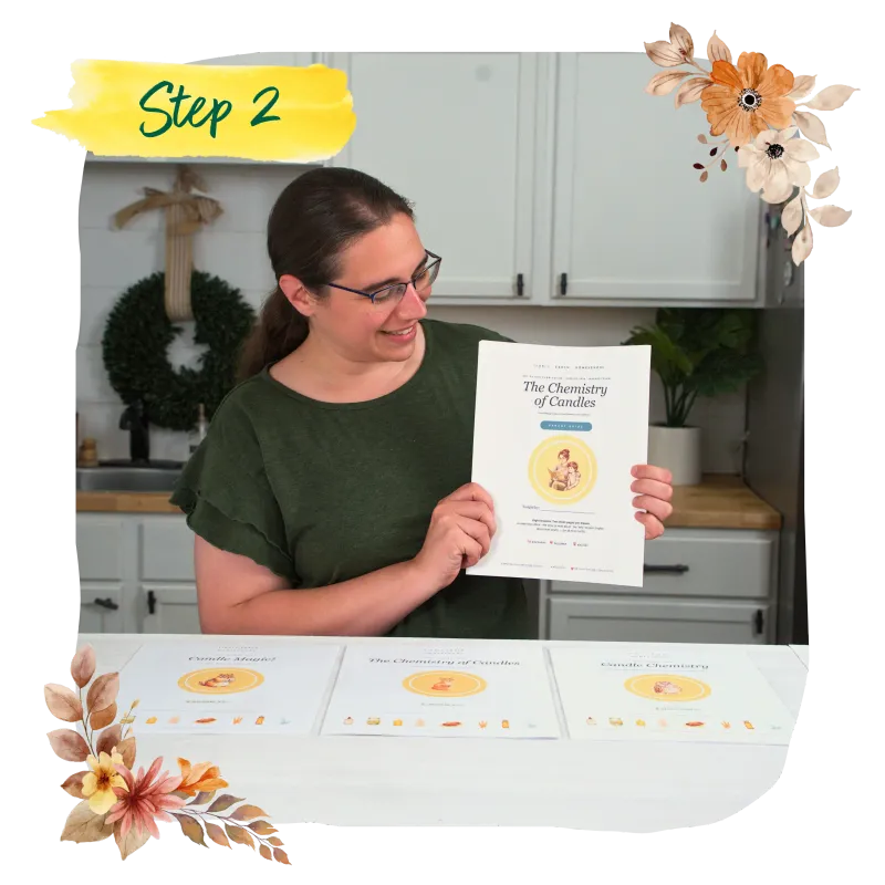 Step 2: a mom holding up the parent guide, The Chemistry of Candles