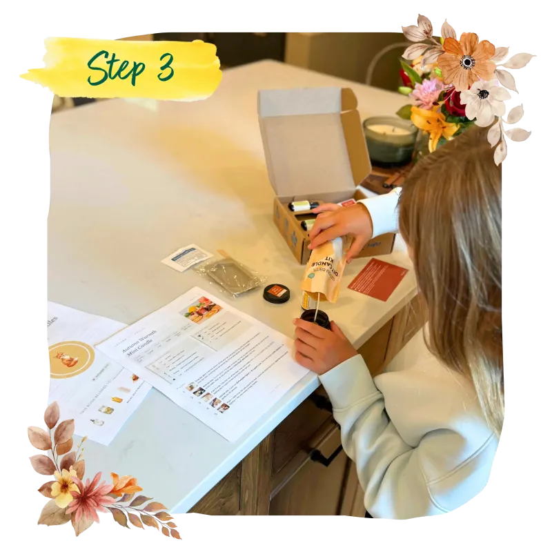 Step 3: a girl making a recipe at the kitchen counter next to her lab journal page